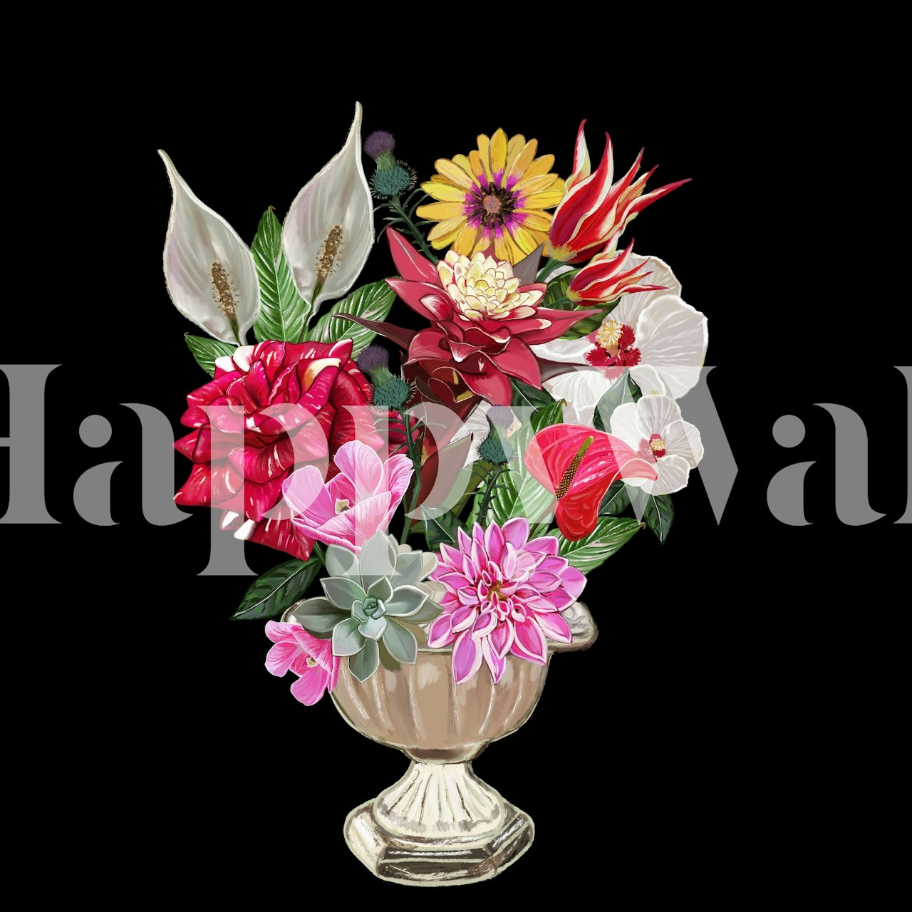 Floral wall mural featuring a bouquet of flowers in a vase against a black background.