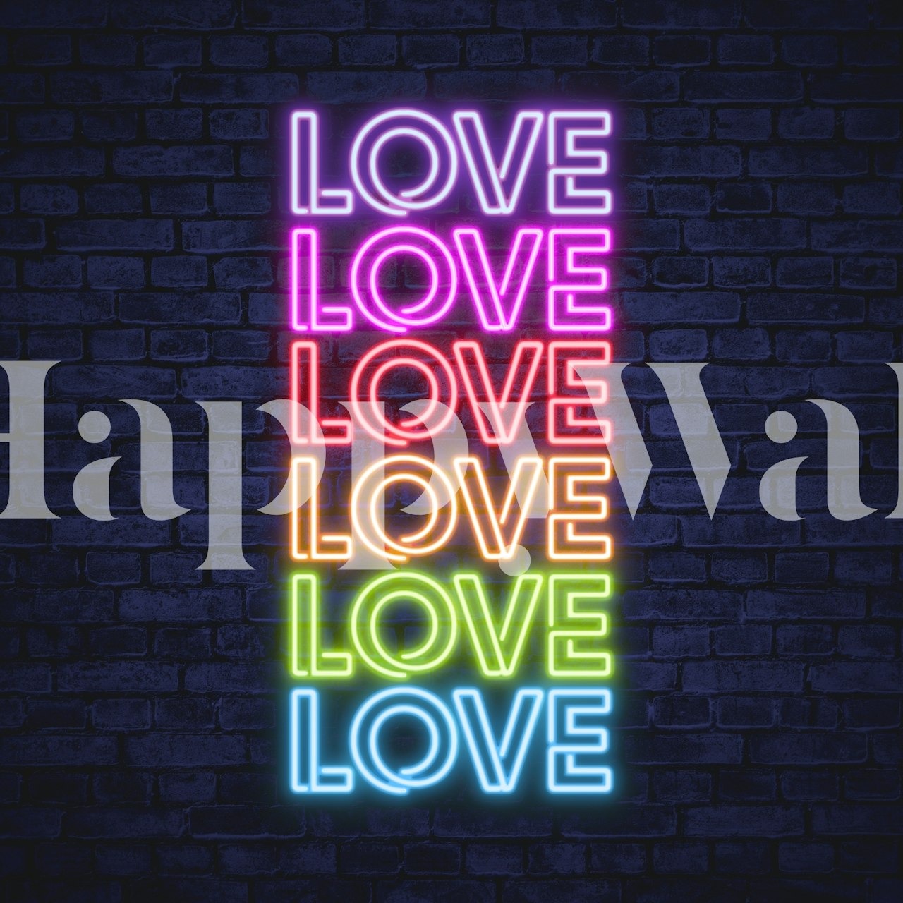 Neon love typography in pink, blue, and yellow on a brick wall background wall mural