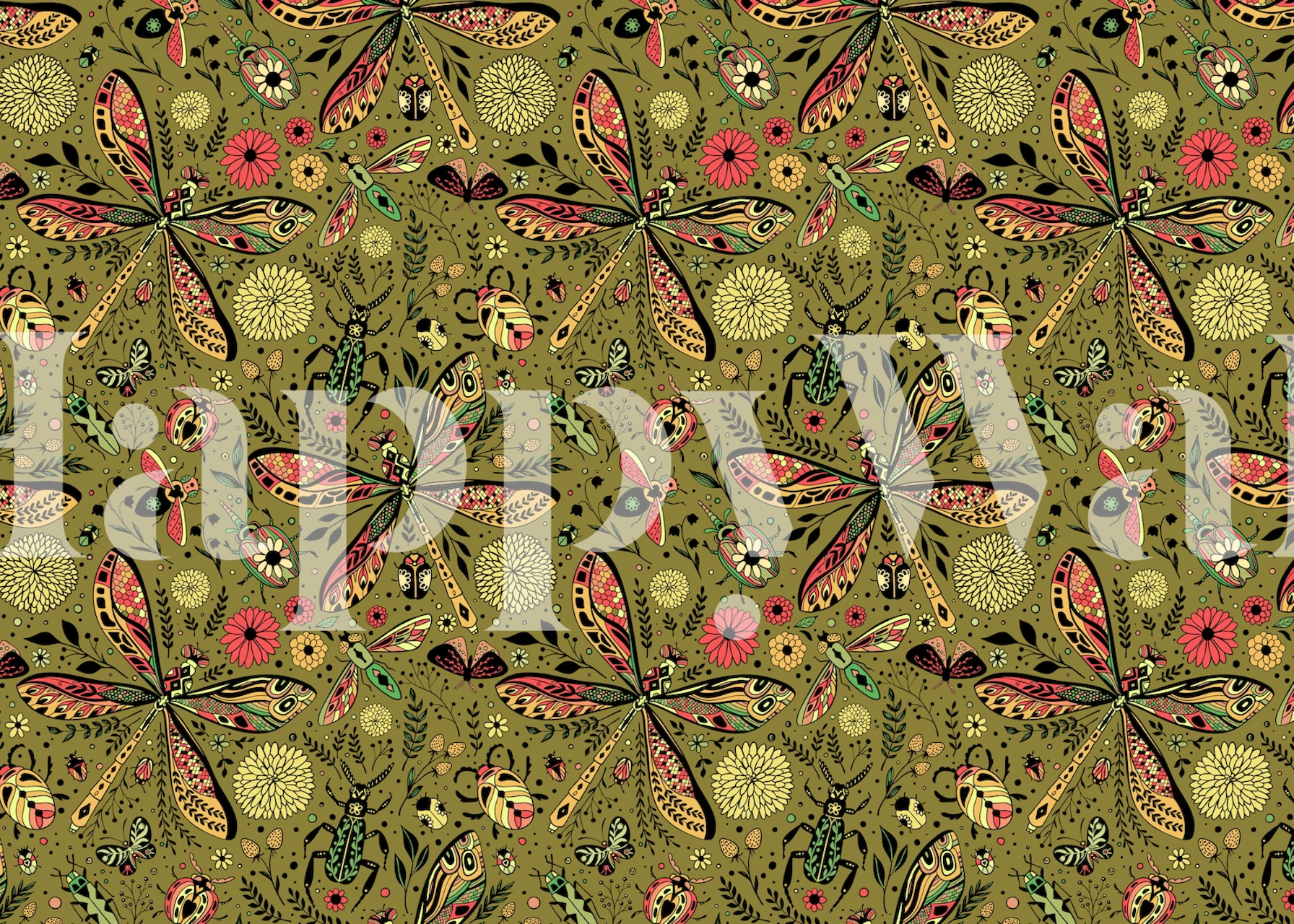 Colorful floral and insect patterns on moss green wallpaper