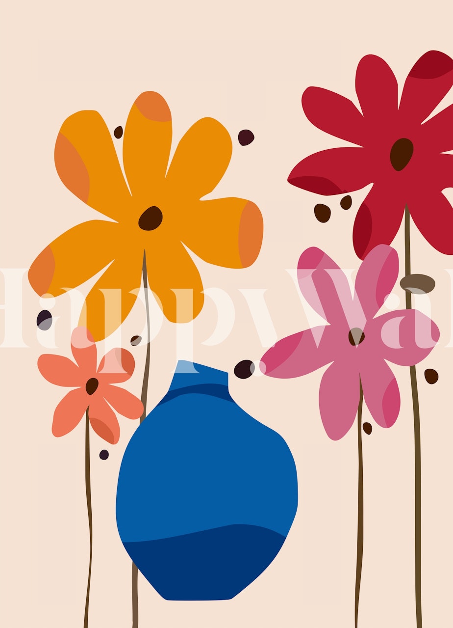 Flores estilizadas em amarelo, vermelho e rosa com um mural de parede de vaso azul ousado