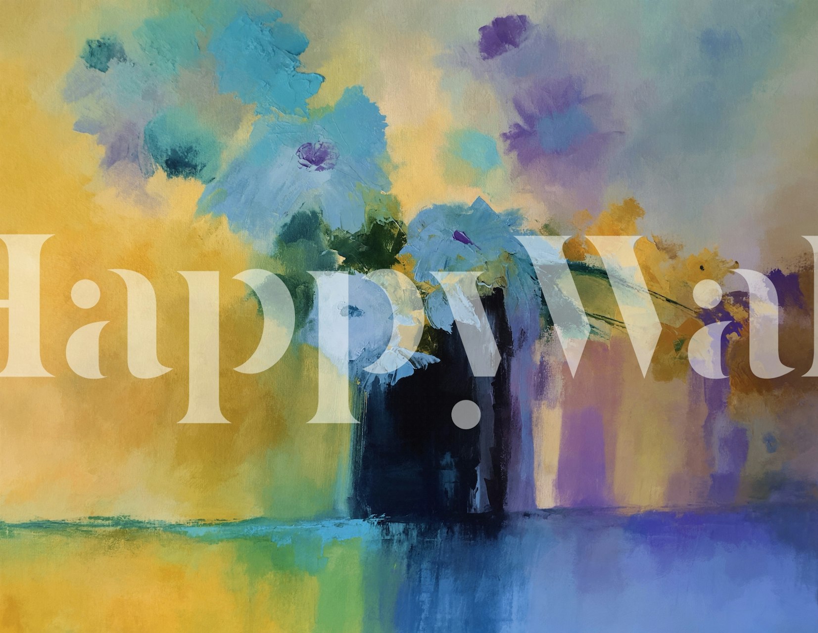 Colorful watercolor flowers in vase, blue and yellow hues, floral wallpaper