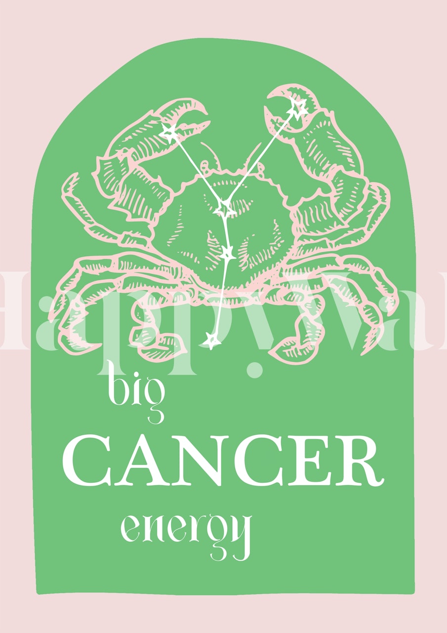 Crab illustration with astrological symbols on green background wallpaper
