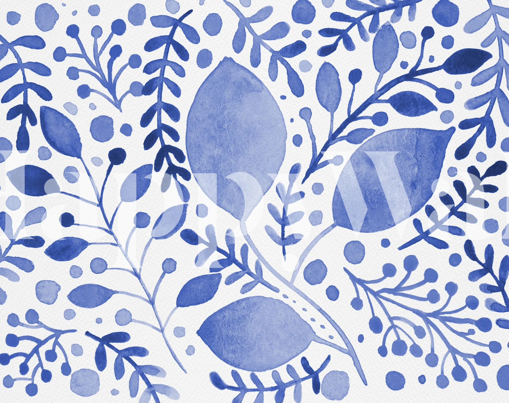 Watercolor takken met blauwe bladeren en bessen op witte achtergrond wallpaper