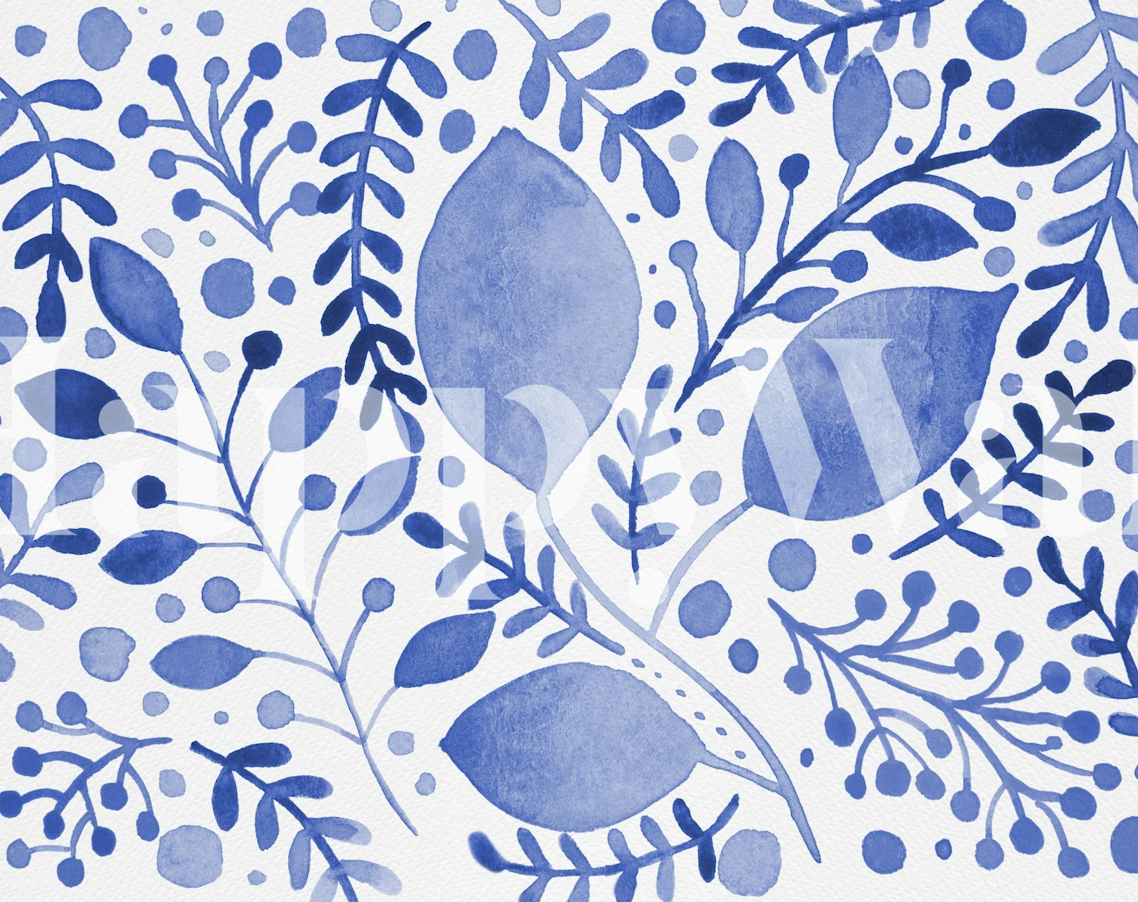 Watercolor branches with blue leaves and dots pattern wallpaper