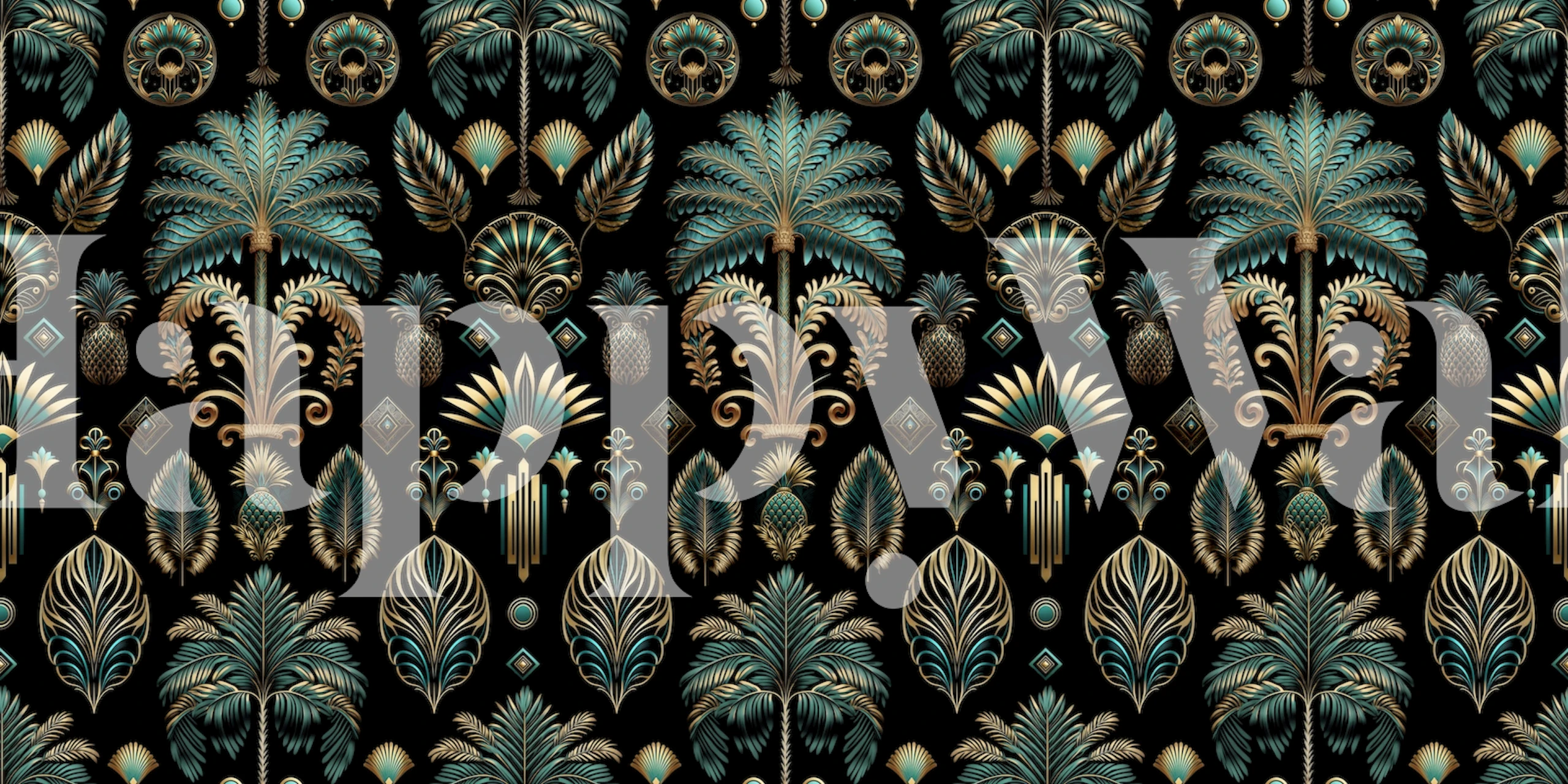 Art Deco palm tree pattern wallpaper featuring teal and gold elements on a black background