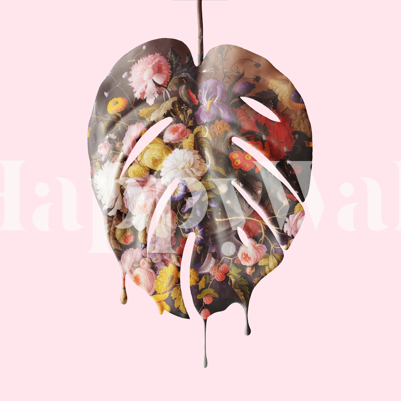 Monstera leaf with floral patterns in shades of pink, green, and yellow wallpaper