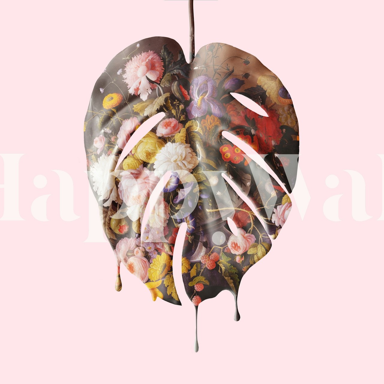 Monstera leaf with floral patterns in shades of pink, green, and yellow wallpaper