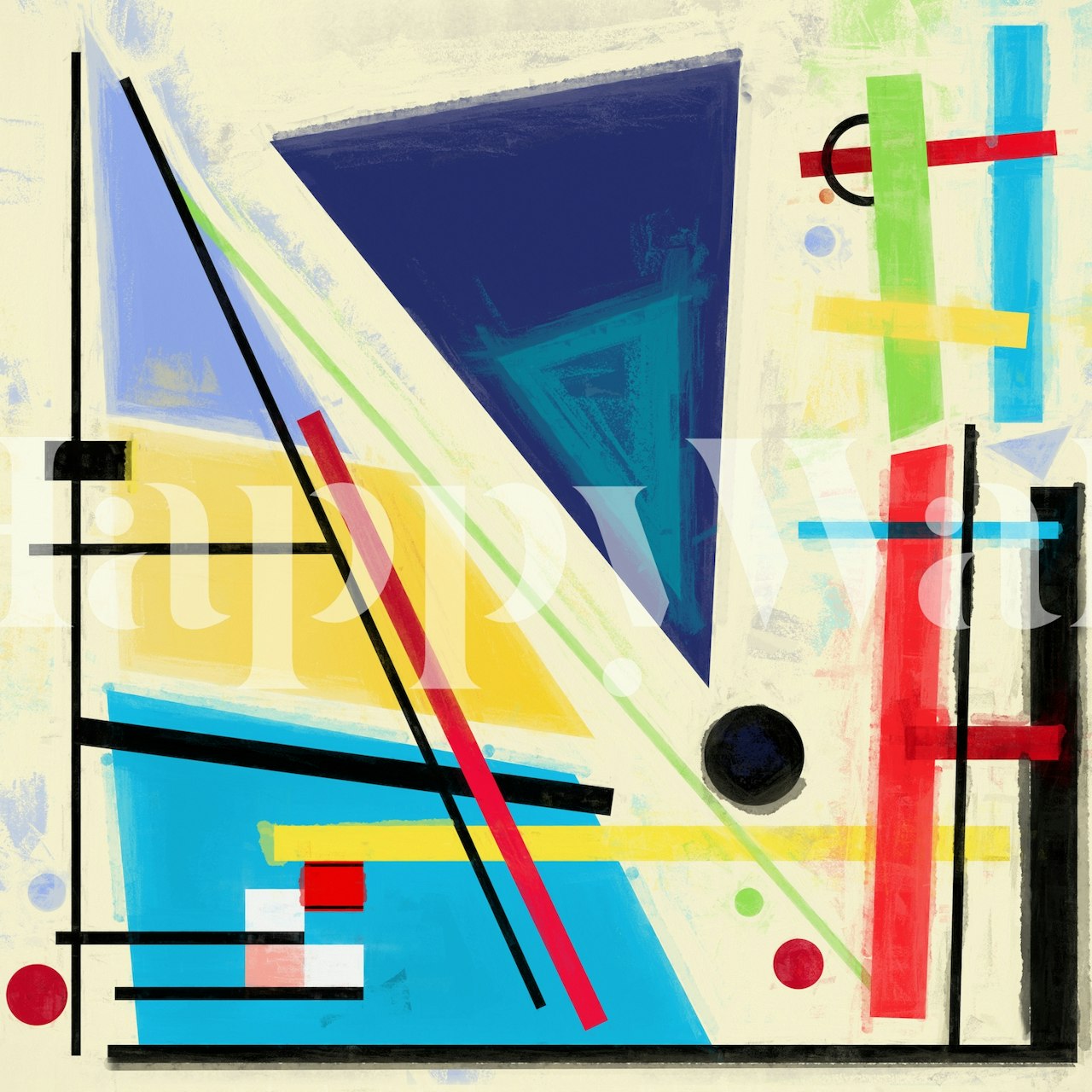 Colorful geometric abstract shapes in blue, yellow, red, and black wallpaper