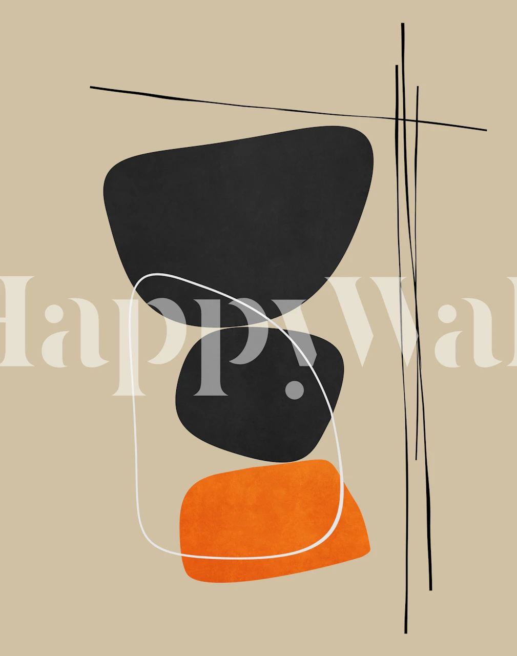 Abstract shapes in black and orange on beige background wallpaper