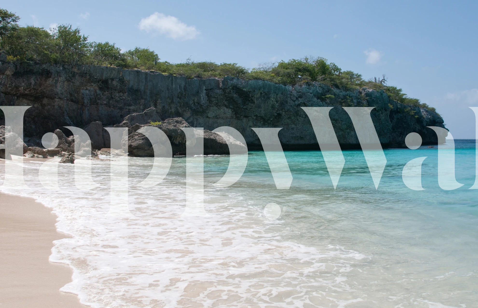 Beach scene with turquoise water, sandy shore, rocky cliff wallpaper