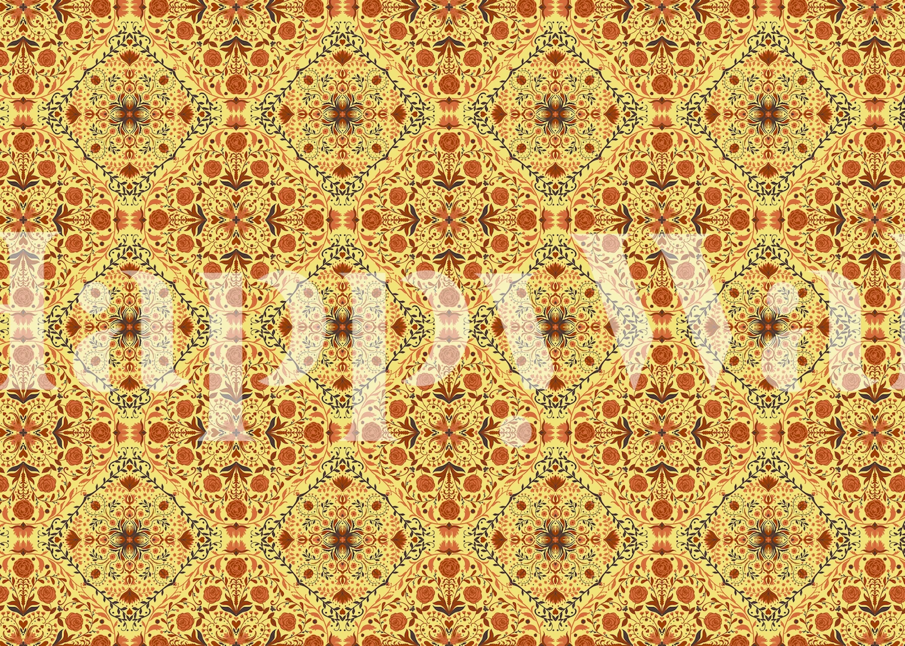 Intricate orange floral tile pattern wallpaper