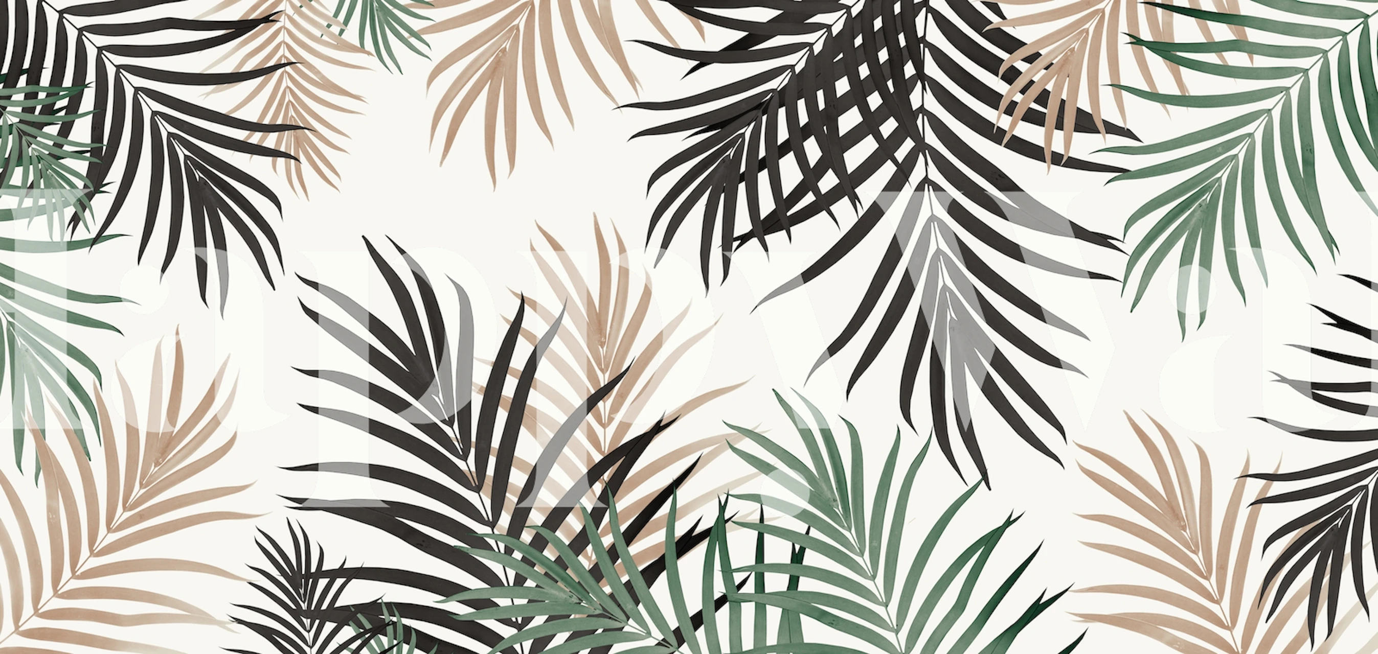 Tropical palm leaves in green, black, and beige colors on a light background wallpaper