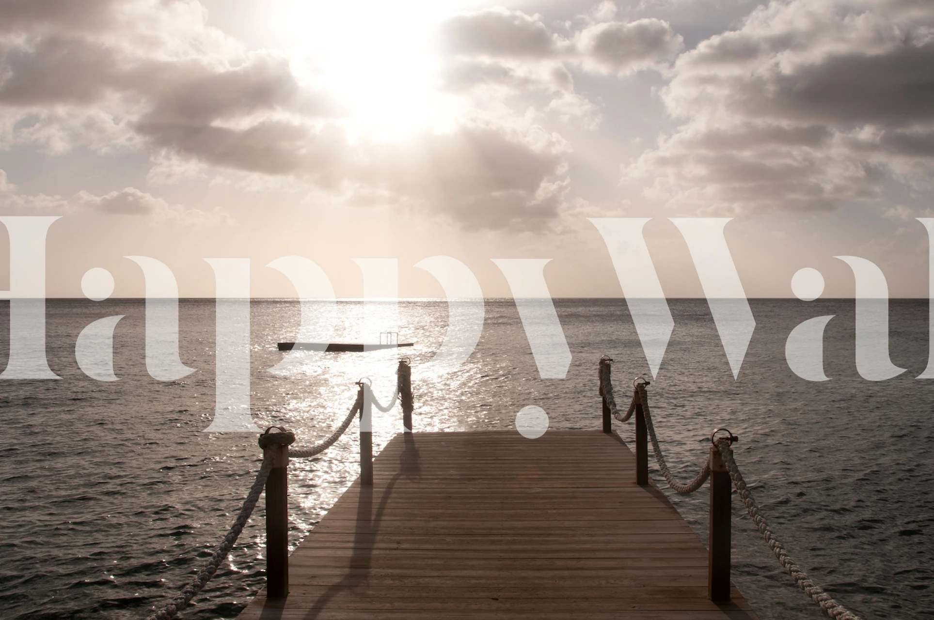Tropical sunset over ocean with pier and clouds wallpaper