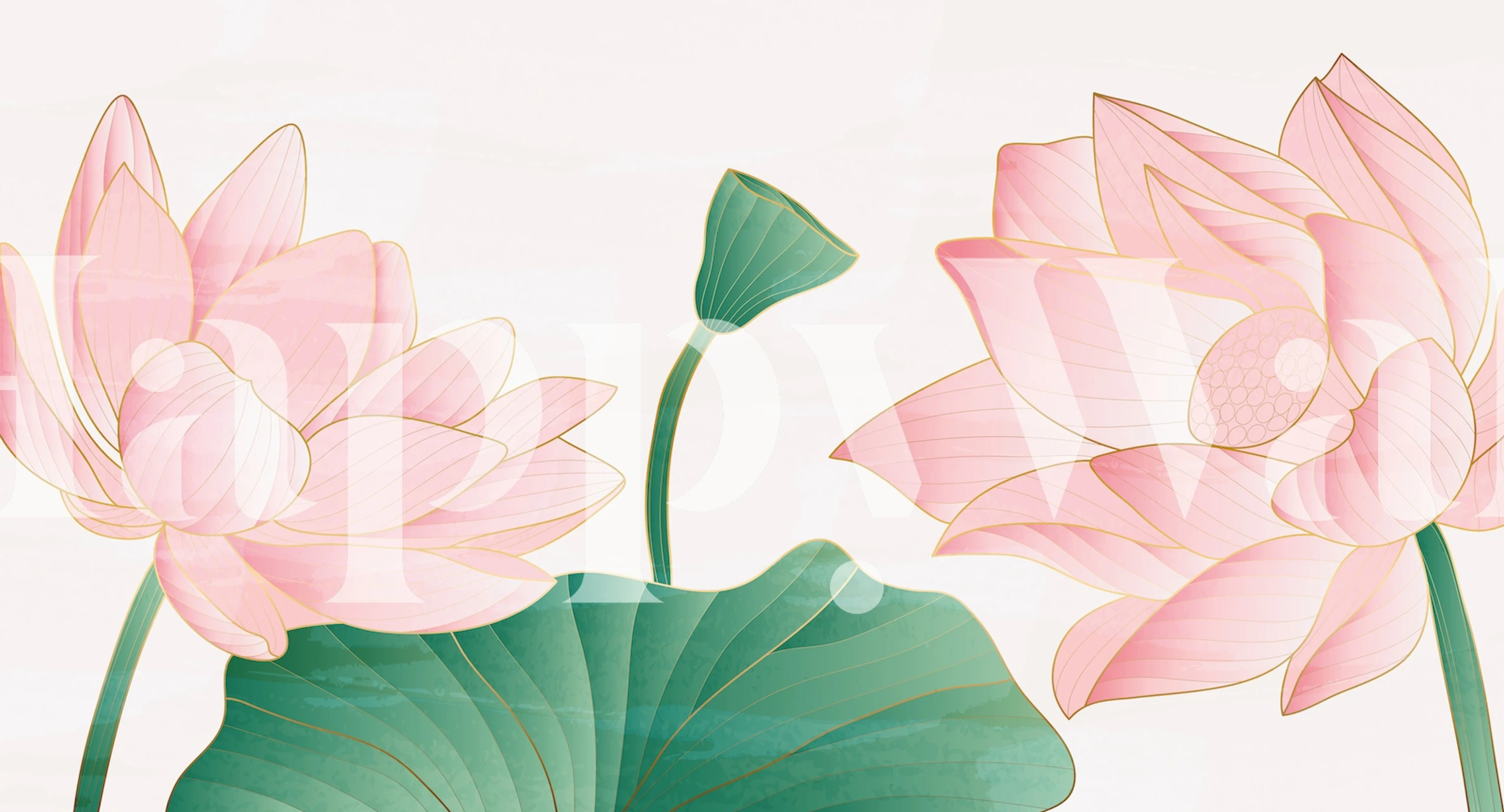Pink lotus flowers with green leaves on beige background wallpaper