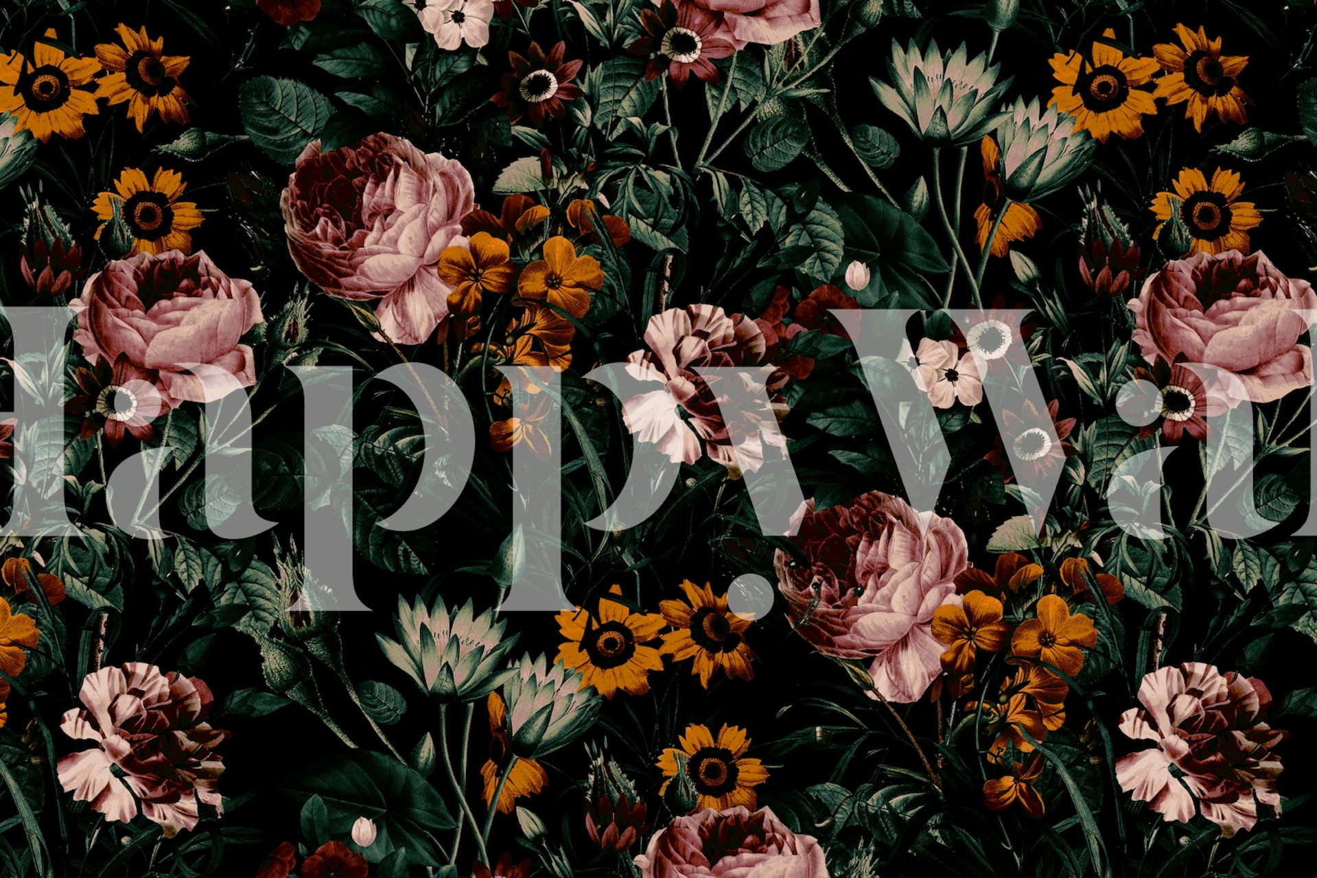 Dark floral wallpaper featuring peonies and yellow flowers