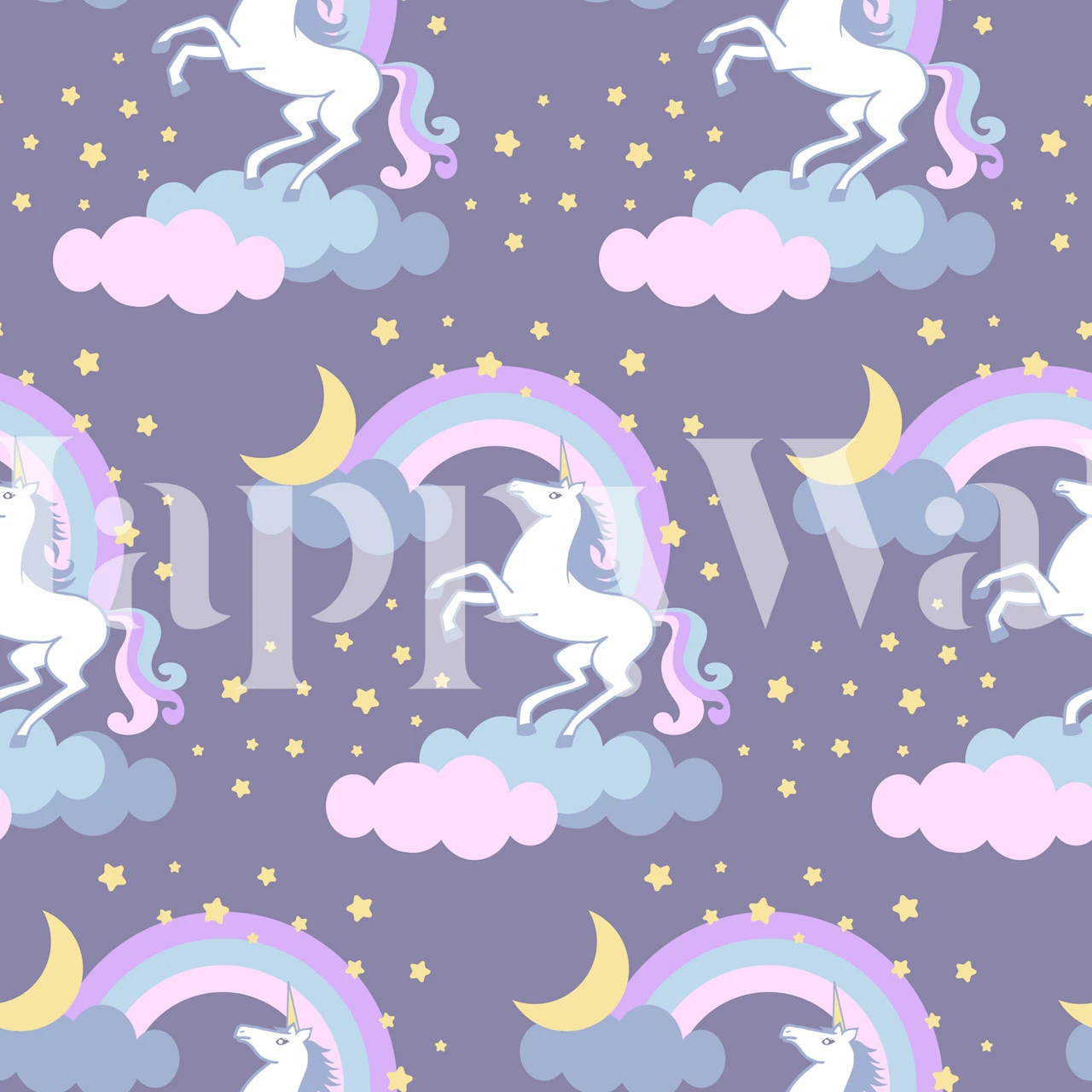 Enhjørninger og skyer på lavendelvægmaleri Magic Dreams