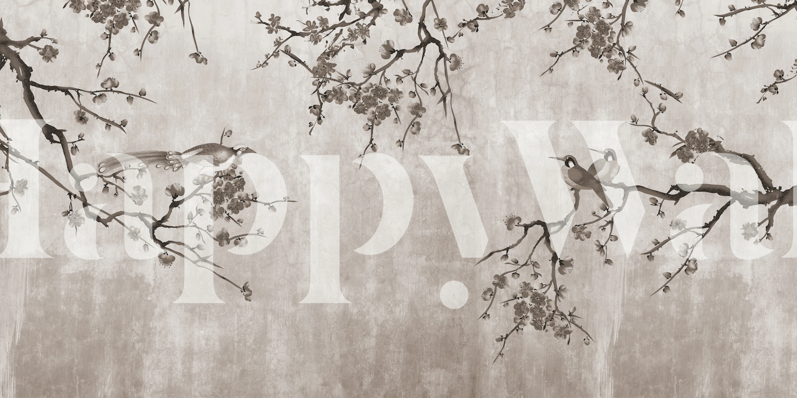 Chinoiserie floral design with birds and branches in gray wallpaper