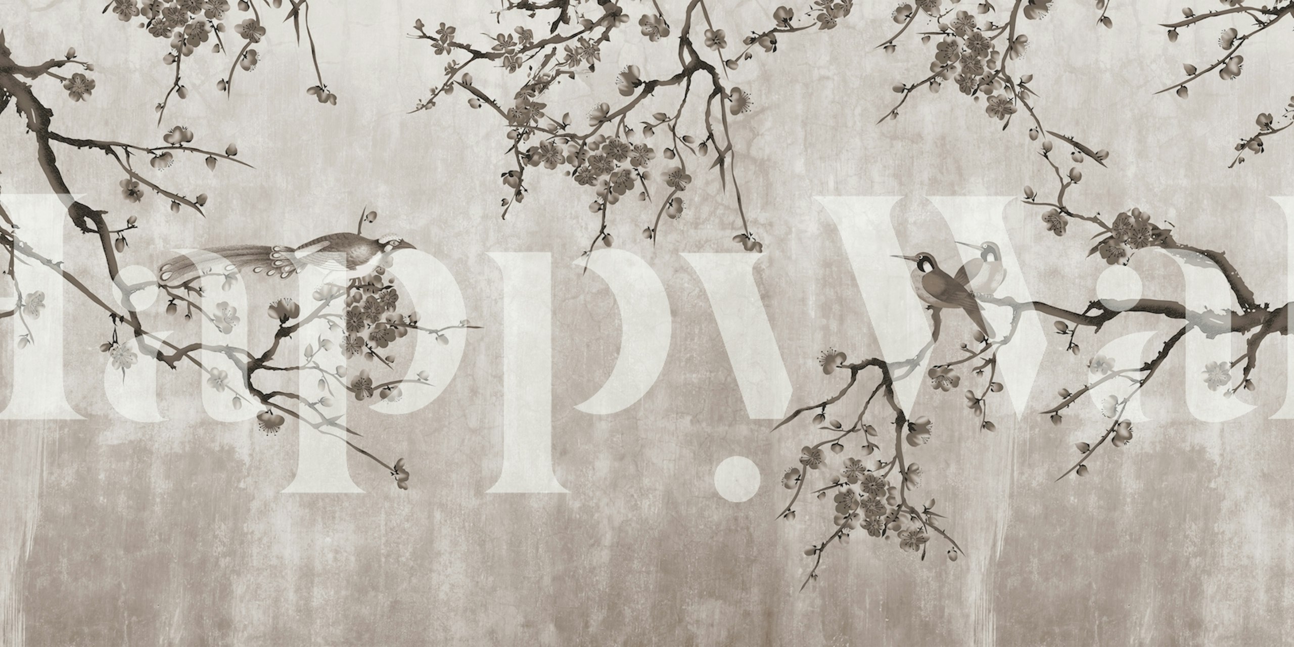 Chinoiserie floral design with birds and branches in gray wallpaper