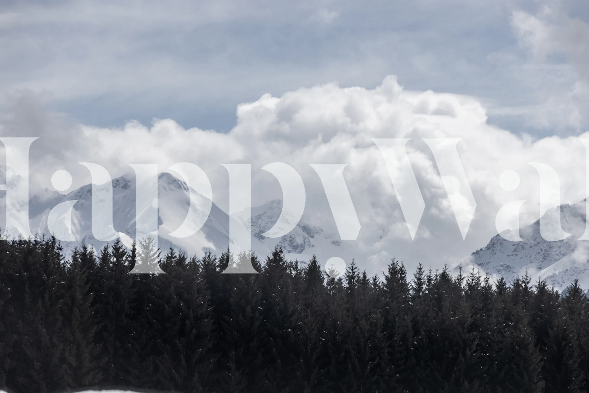 Picos de montanhas cobertos de neve erguendo-se acima de um fotomural vinílico de parede com uma linha de árvores escuras