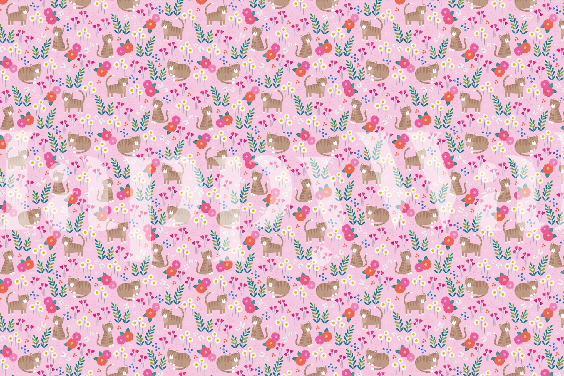 Cute tabby cats and colorful flowers on pink background wallpaper