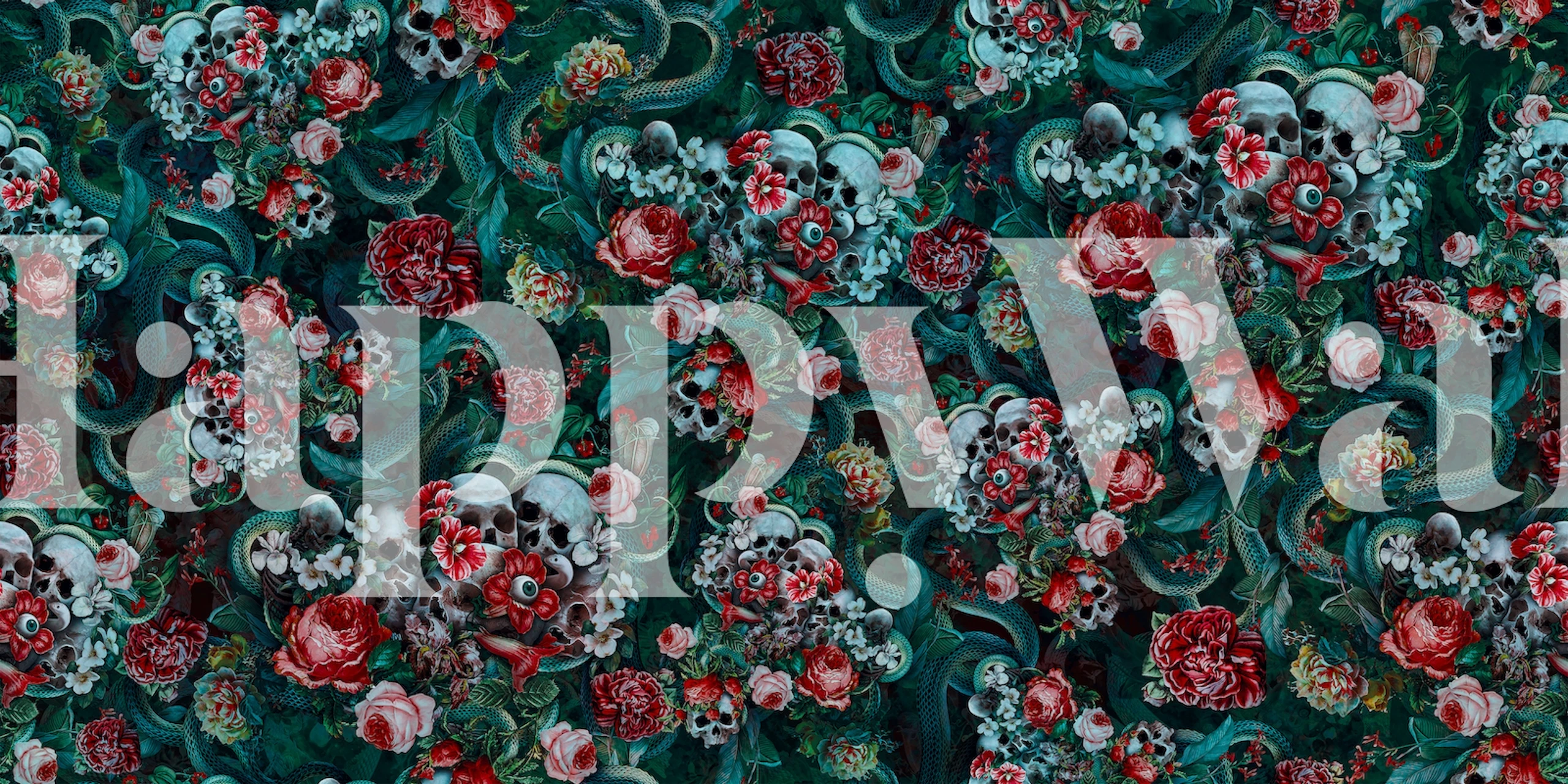 Dark floral wallpaper with skulls, red roses, and green foliage