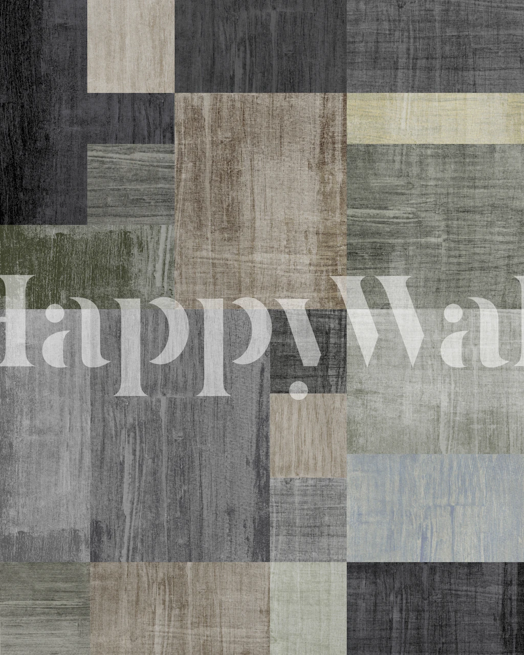 Abstract geometric wall mural in shades of gray, cream, and muted blue creating a modern mosaic design