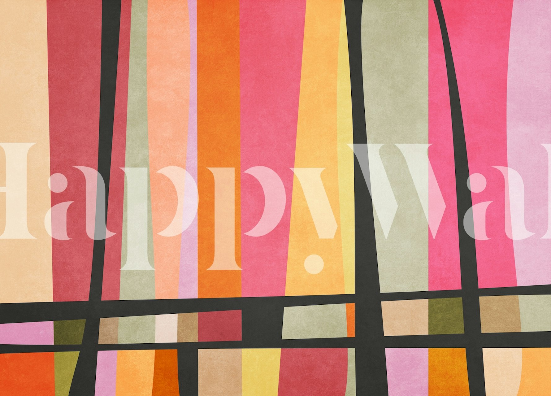 Colorful striped wallpaper with pink, orange, and yellow tones in a modern abstract style.