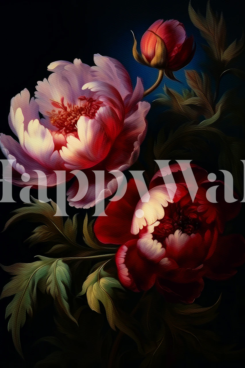 Grootschalige barokke bloemen in kleuren van rood en roze op zwarte achtergrond wallpaper