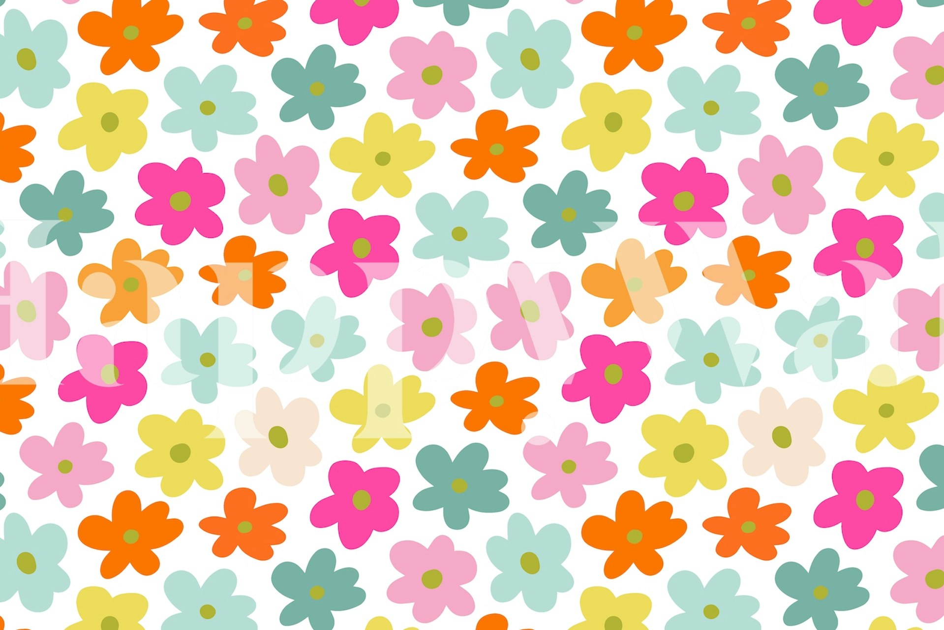 Colorful flowers in pink, yellow, orange, and blue on white background wallpaper