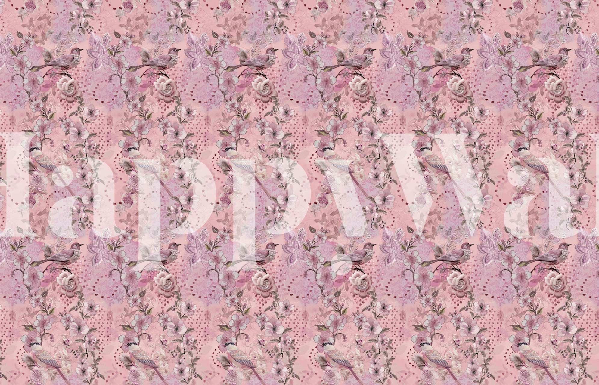 Muurschildering van vogels en bloemen in borduurstijl in roze tinten