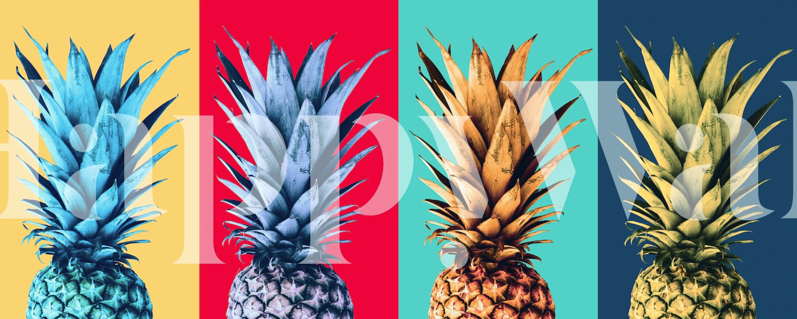 Colorful pineapple wall mural in blue, red, teal and yellow popart style wallpaper