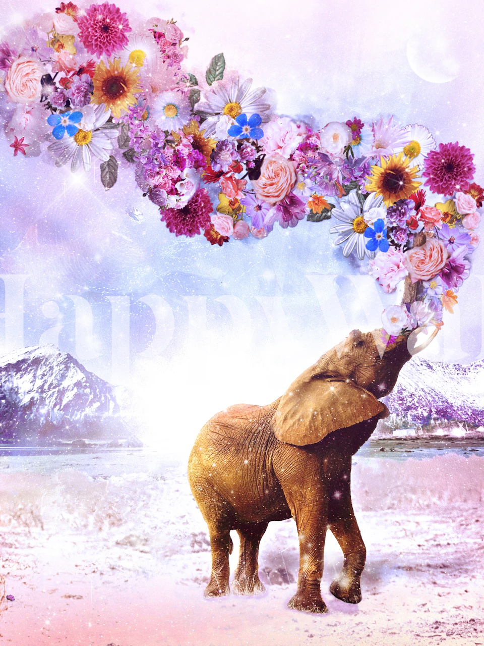 Elephant with floral crown wall mural in a snowy mountain setting