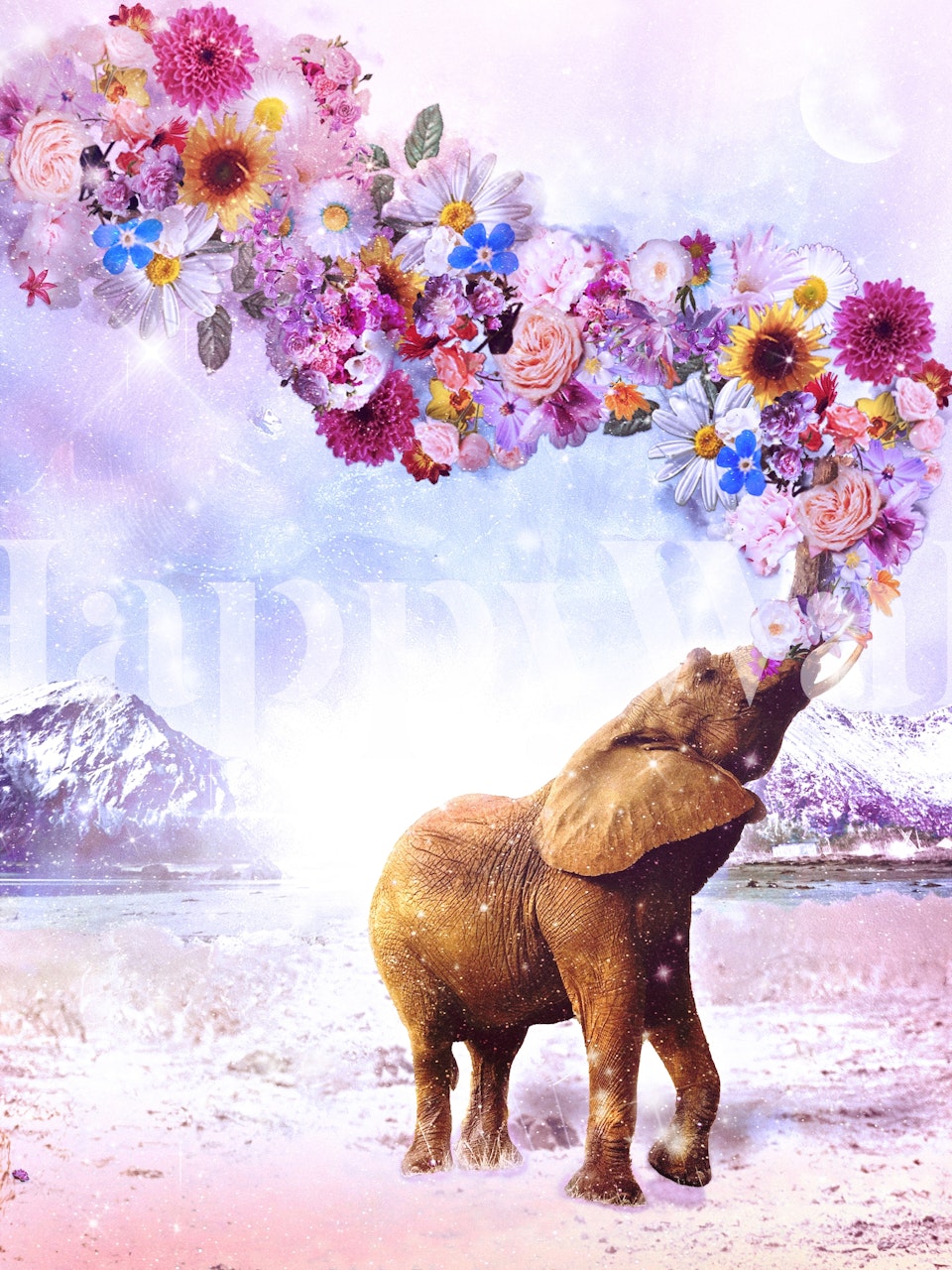Fototapete Elefant mit Blumenkrone in einer verschneiten Bergkulisse