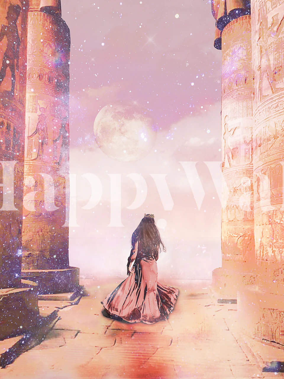 Fantasy landscape with moon, ruins, and starry sky wallpaper