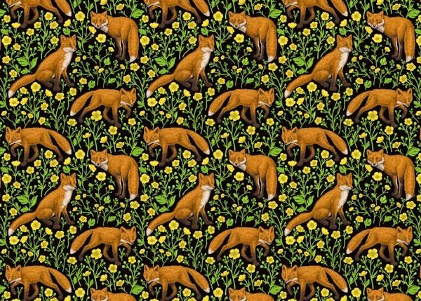 Foxes and buttercups on black