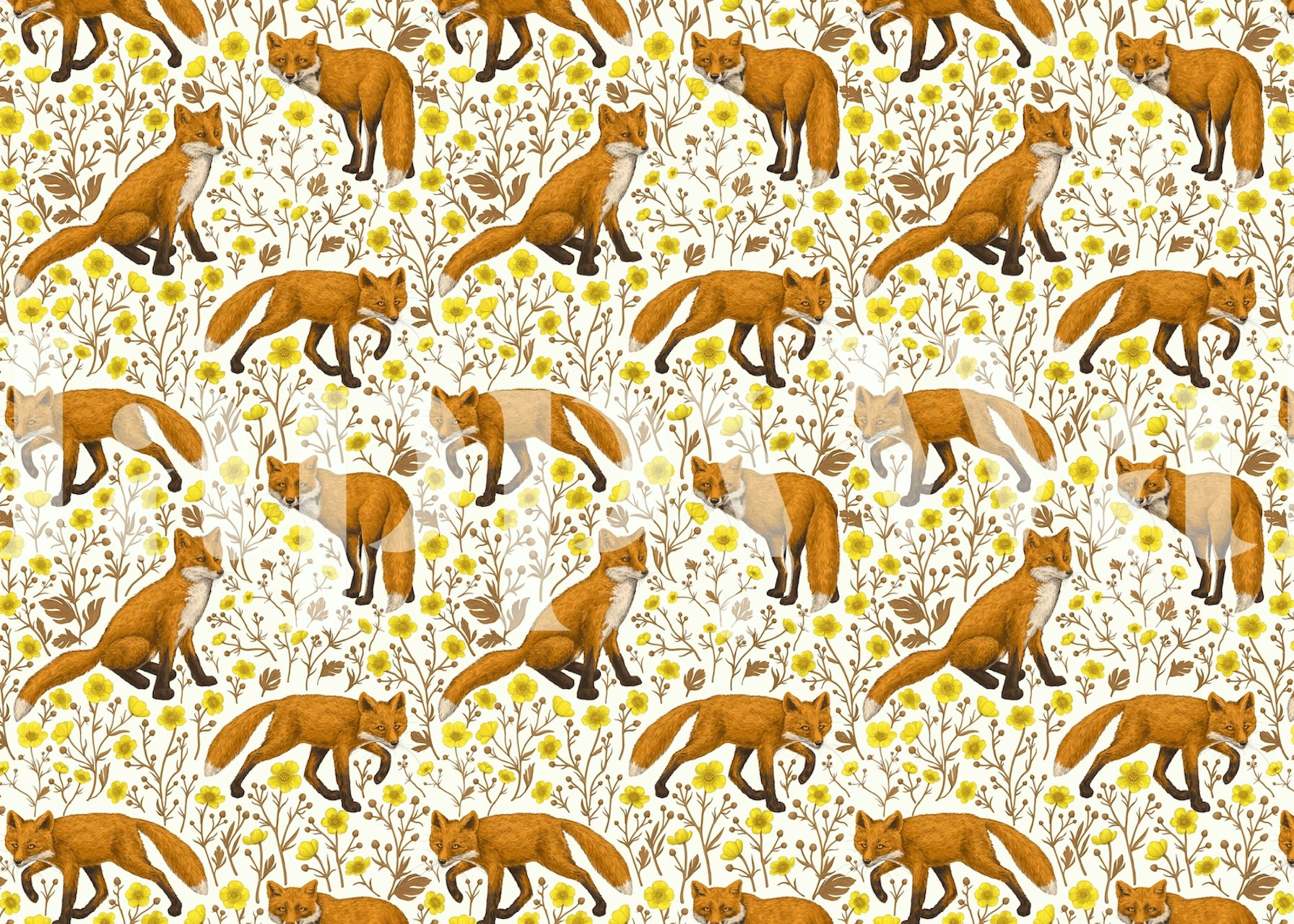 Oranssit ketut ja keltaiset leinikkikuvioiset seinämaalaukset