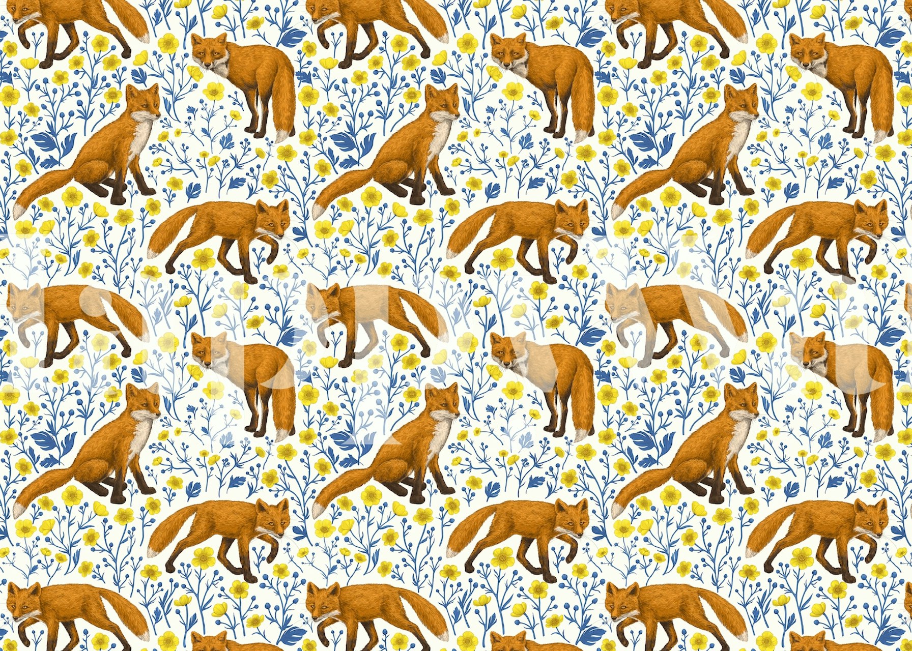 Εικονιστικό τοιχογραφία με Foxes ανάμεσα σε buttercups σε ανοιχτό φόντο