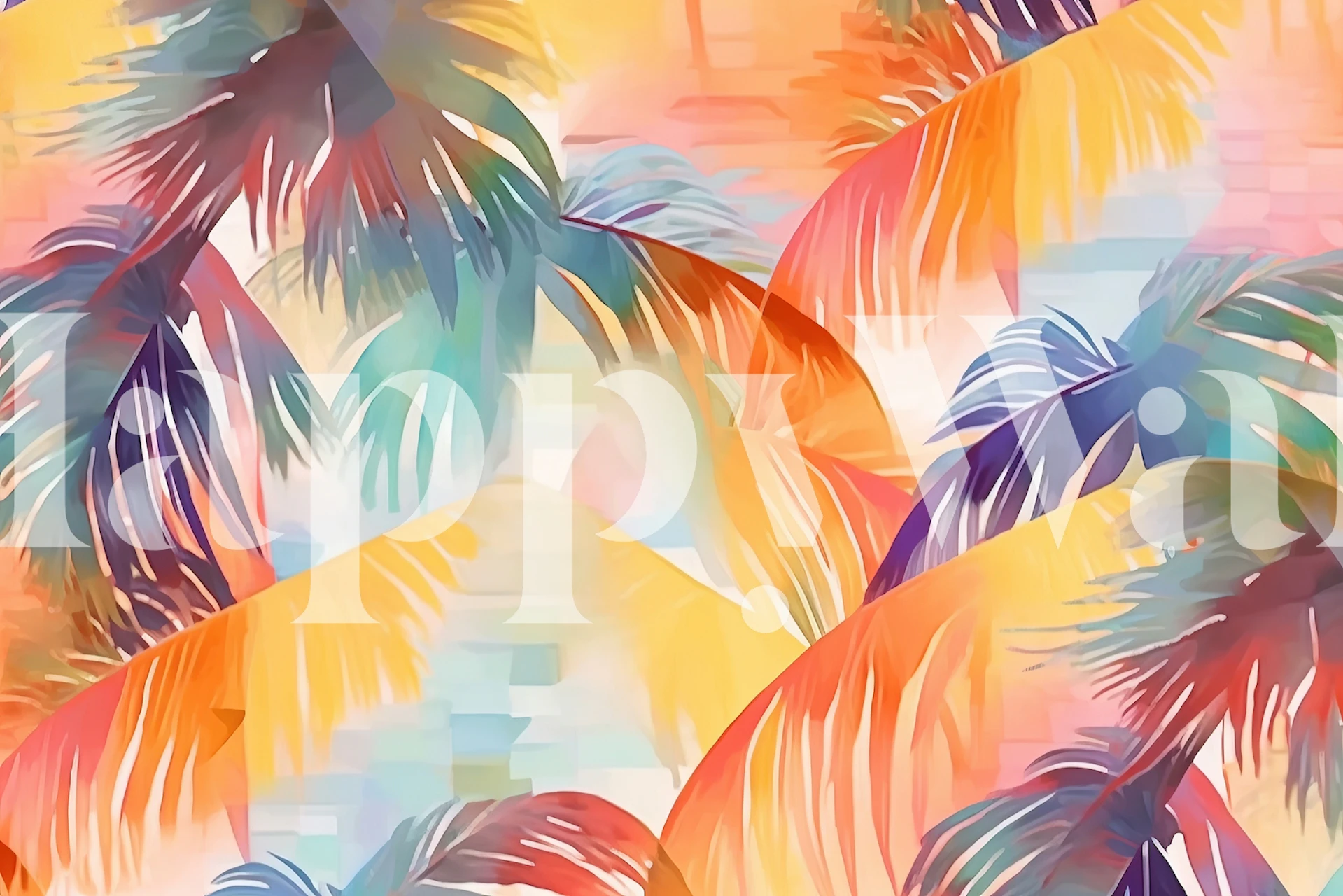 Tropical palm leaves in vibrant orange, pink, and teal colors wallpaper