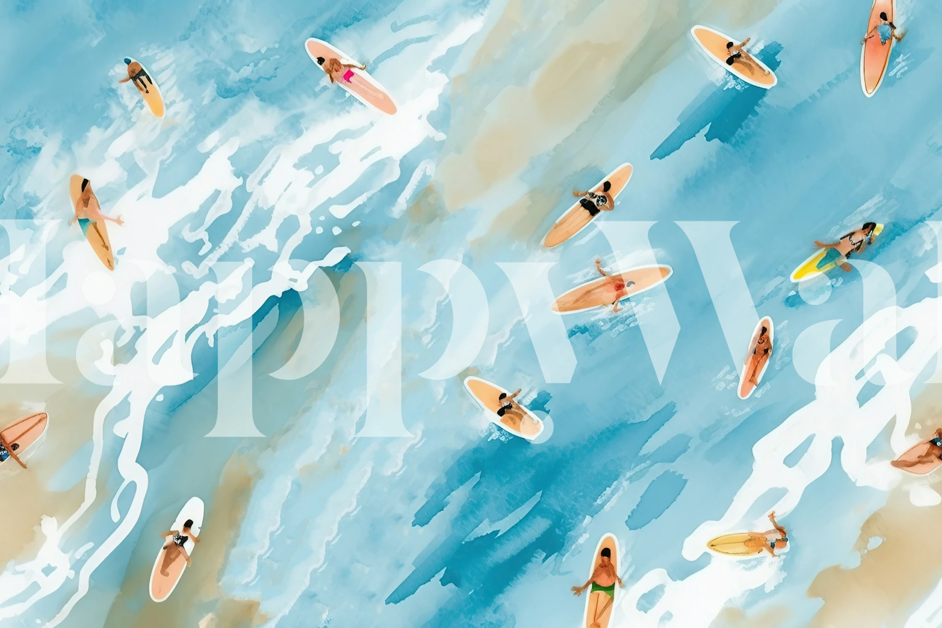 Surfers on colorful waves, blue ocean and tan sand wallpaper