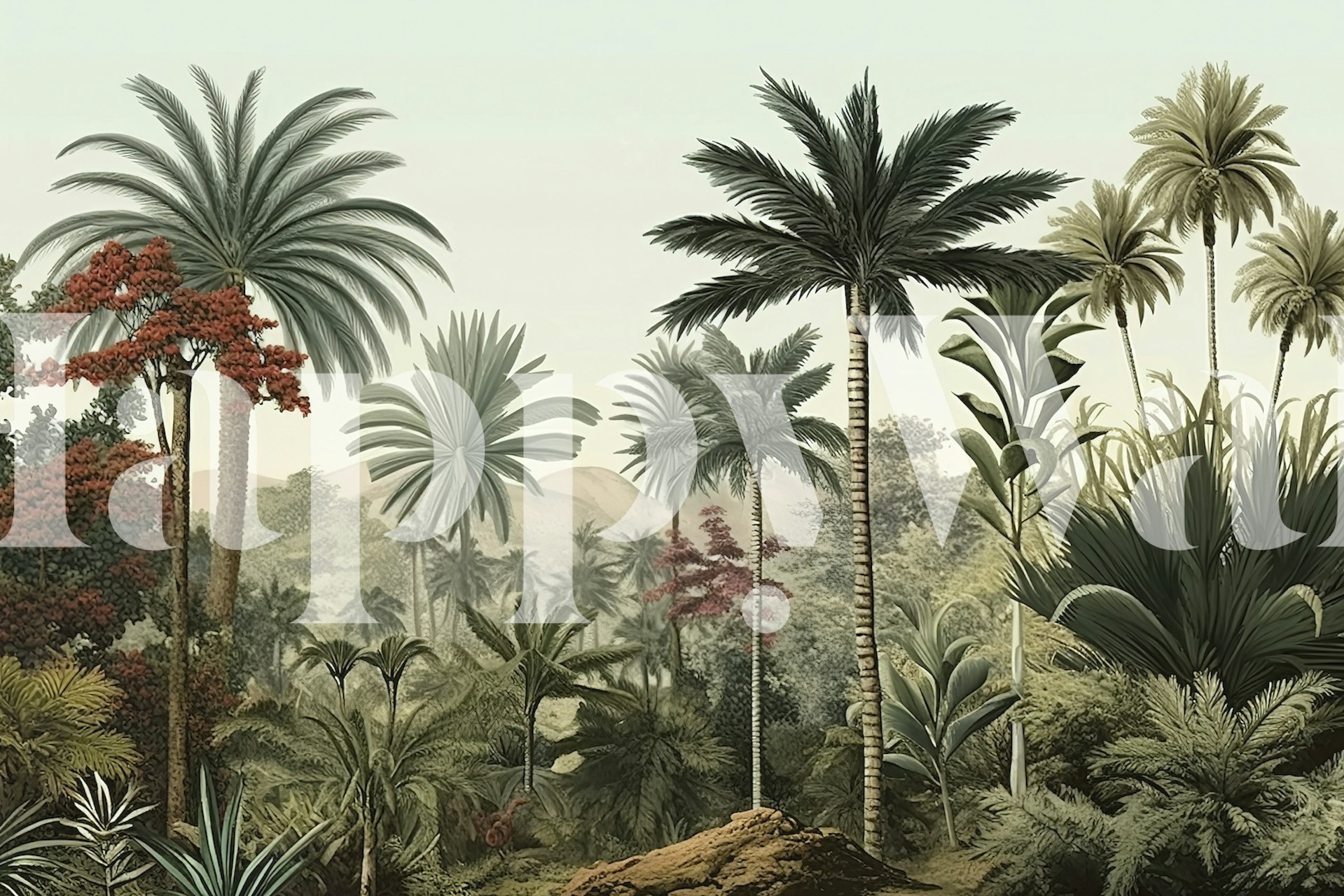 Tropical palm trees in various greens and red hues wallpaper