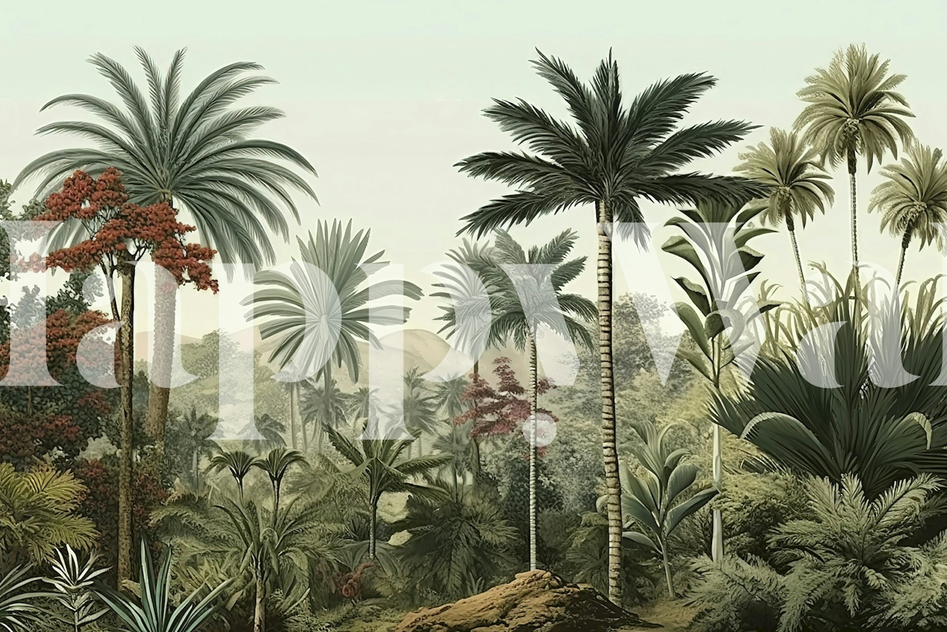 Tropical palm trees in various greens and red hues wallpaper