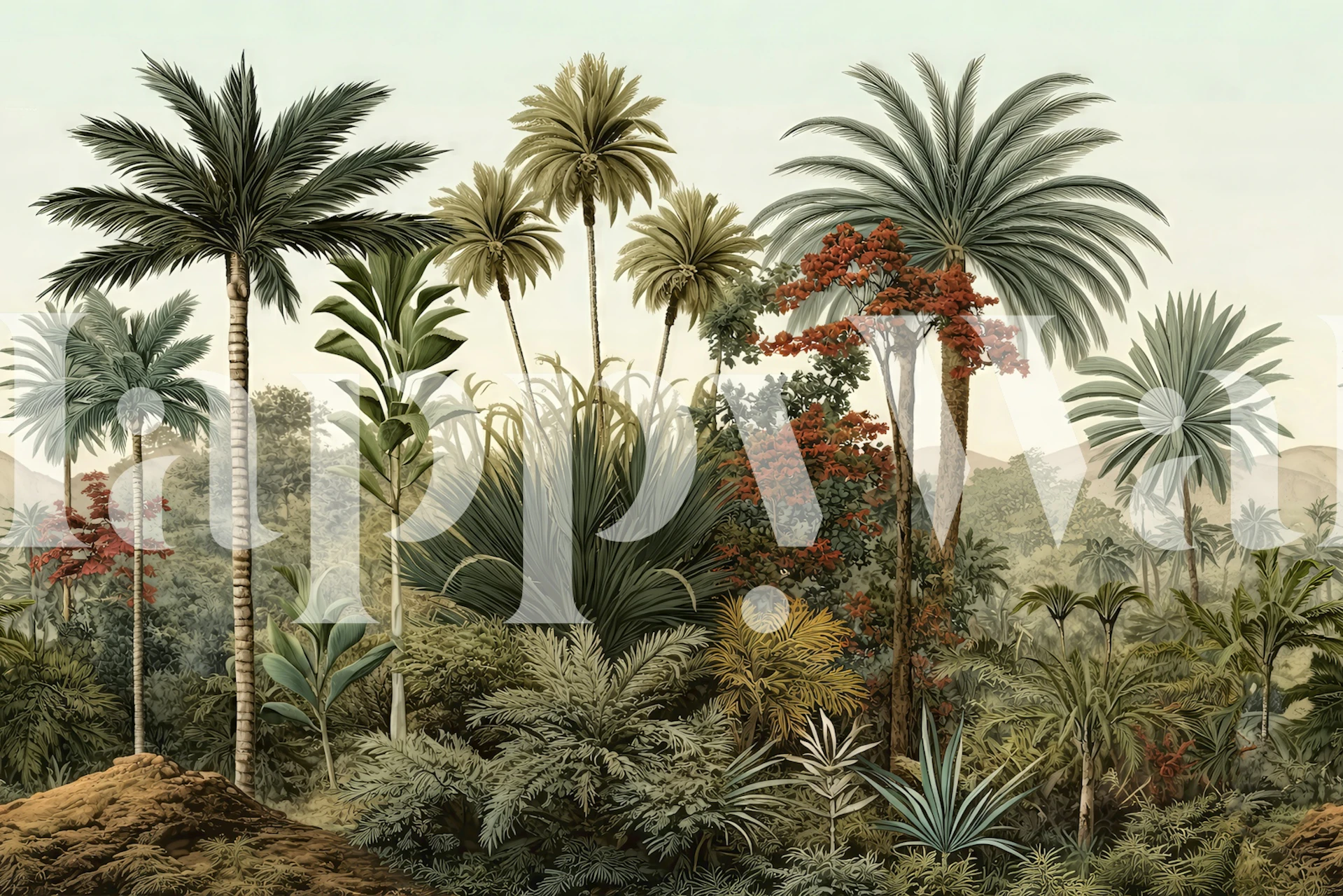 Tropical palm trees in various greens and red hues wallpaper
