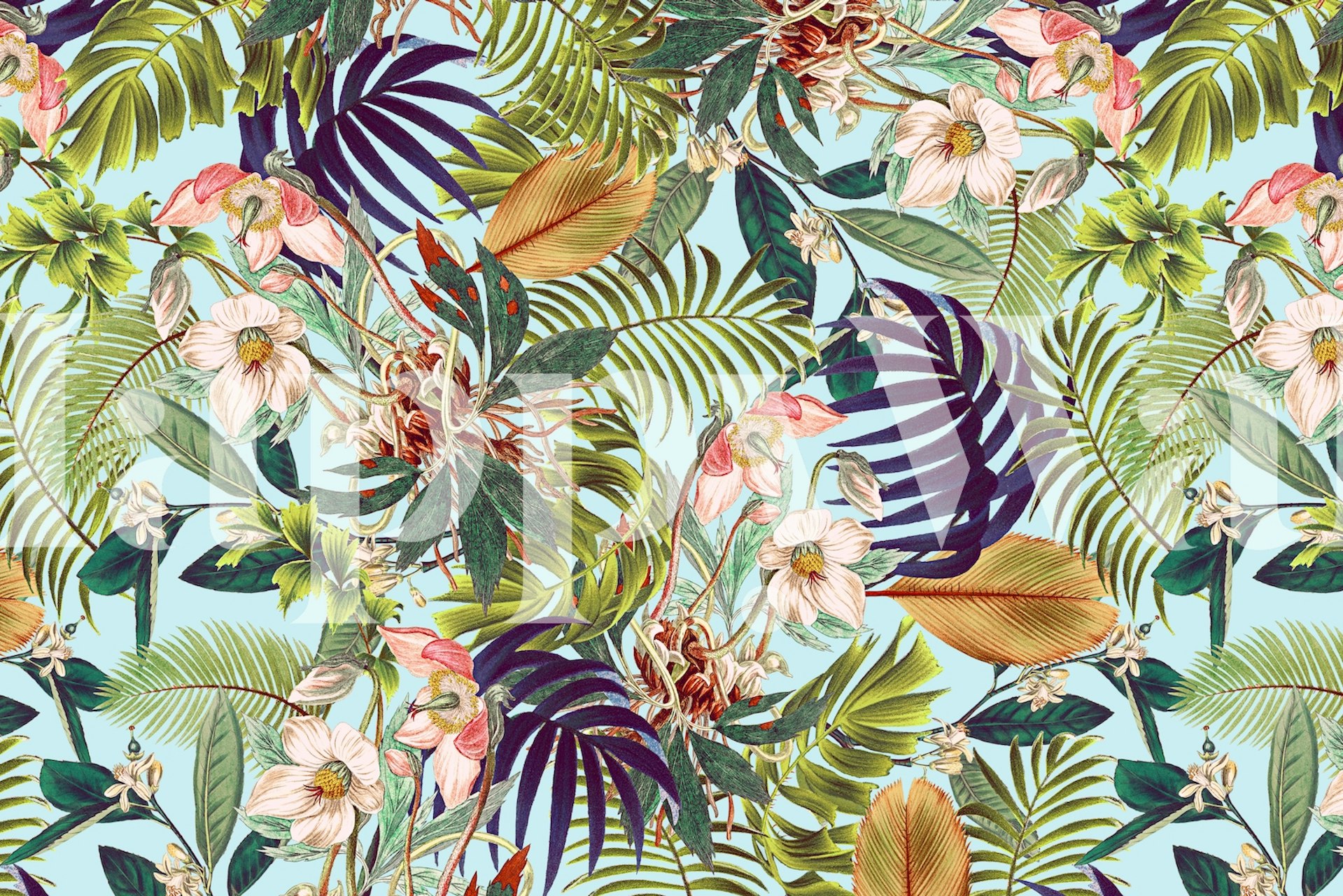 Tropical floral wallpaper with colorful leaves and flowers on a light blue background