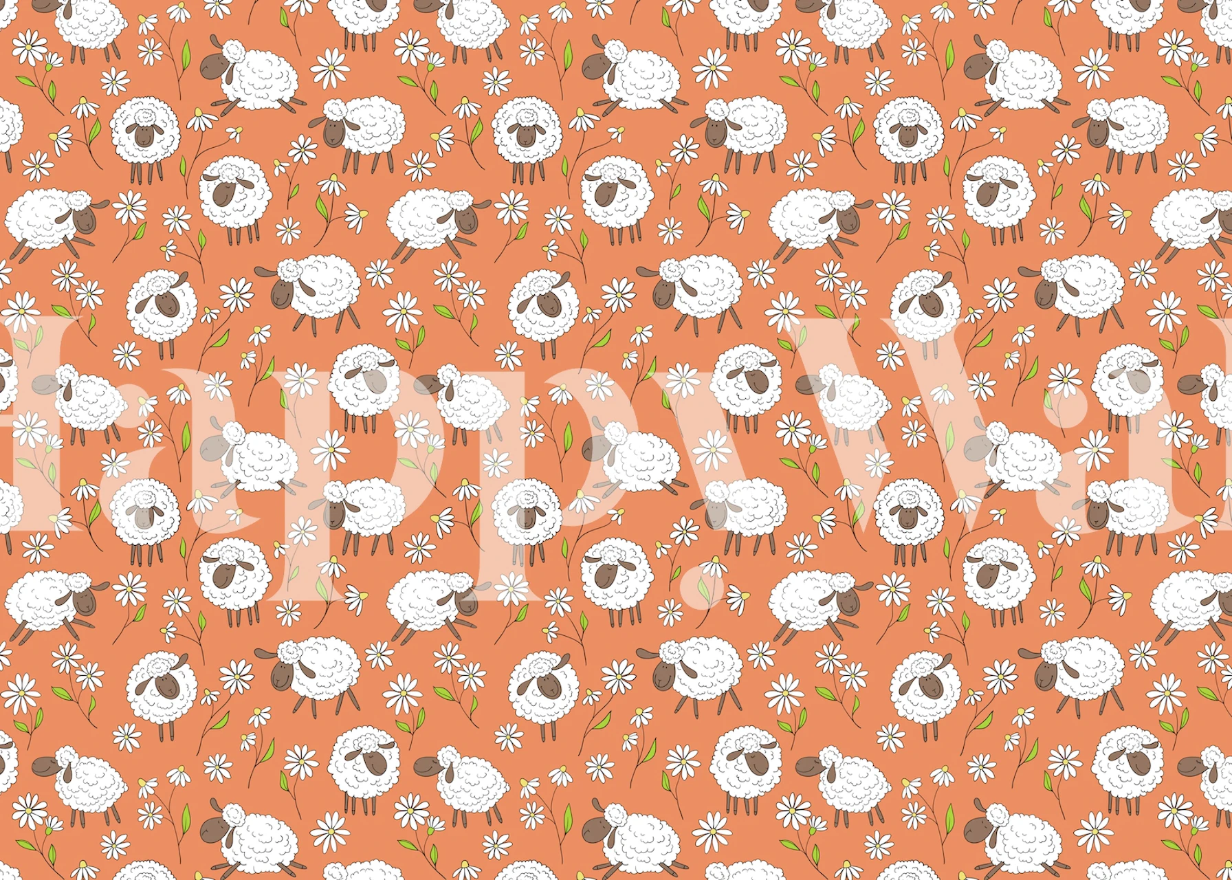 Cute sheep with daisies on an orange background wallpaper