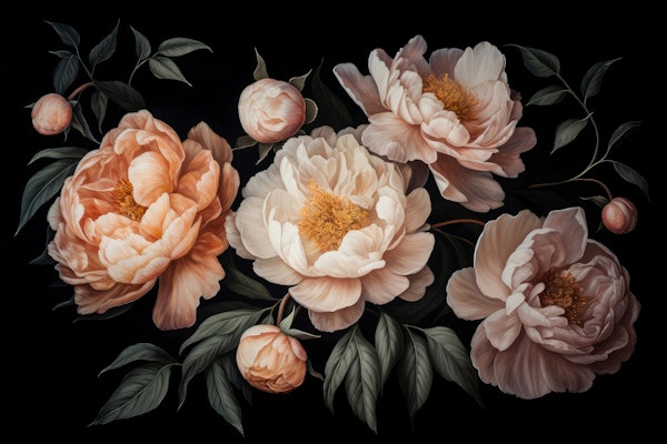 Dark Opulent Peach Peonies Baroque Night Garden