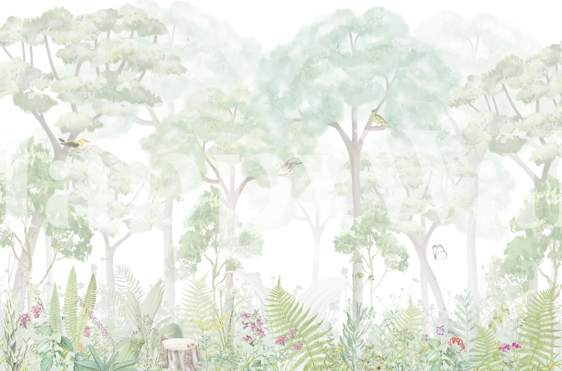 Fotomural vinílico de parede de floresta de fantasia extravagante com tons suaves de verde e árvores etéreas