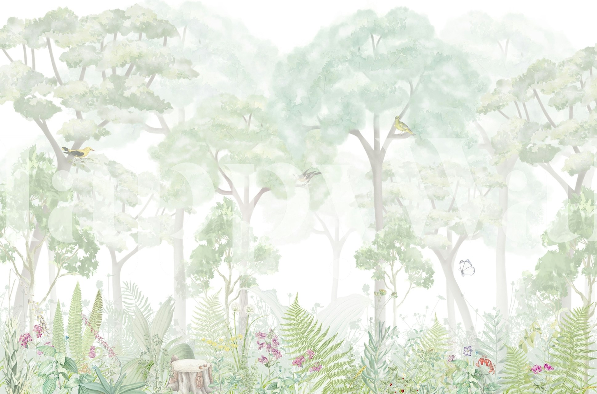 Forest scene with light green trees and colorful flowers wallpaper