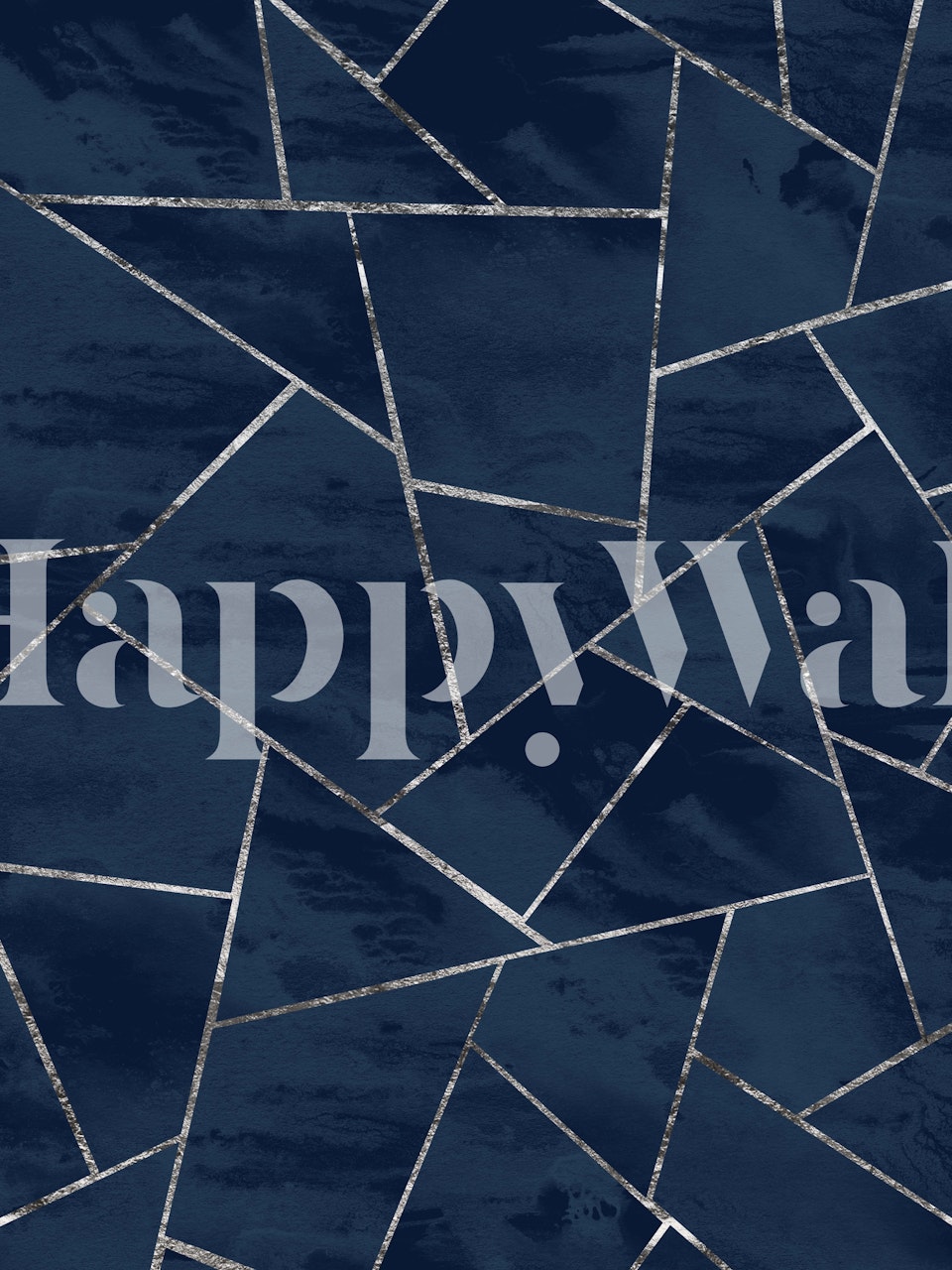 Blauwe inkt zilveren geometrische behang in een kamer