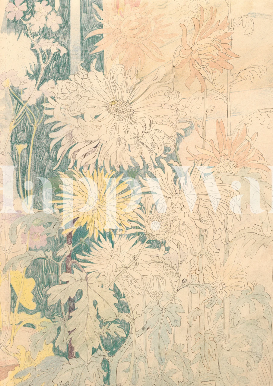 Carta da parati Chrysanthemes con fiori in una stanza