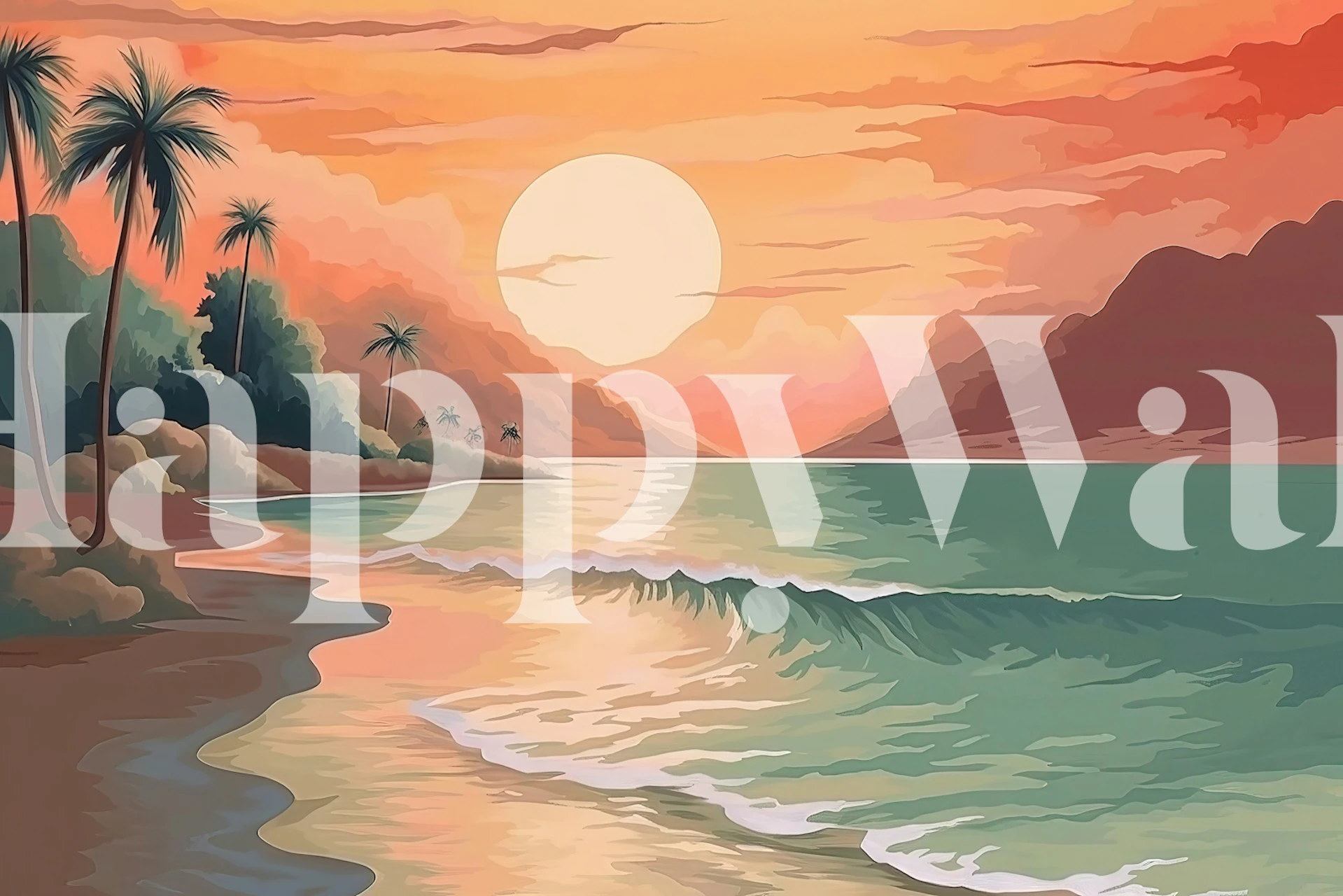 Beach scene with sunset and palm trees in warm colors wallpaper